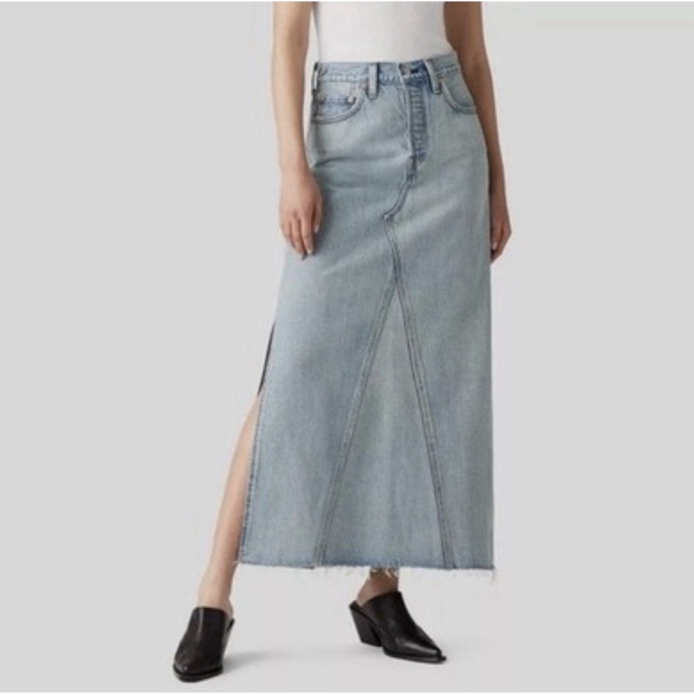Levi's Icon A-line Denim Skirt Womens 32 Side Slit Raw Hem Jean Hippie Boho NWT‎
